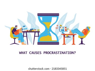 People procrastinate and resting while time in hourglasses is running out, flat vector illustration on white background. Man in on the phone and woman sleeping during work hours.