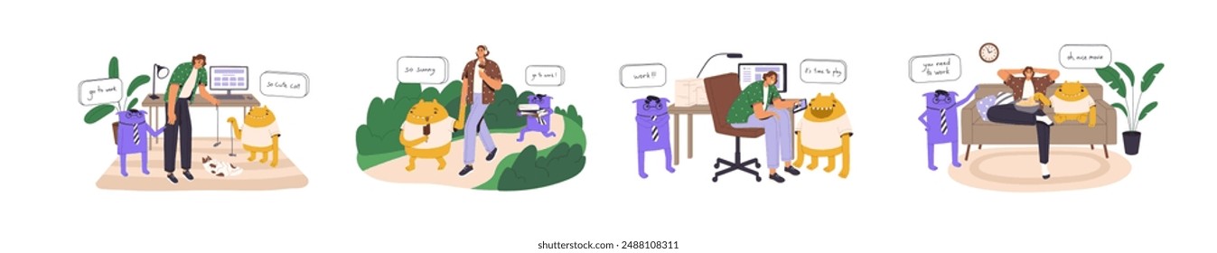 People procrastinate set. Concept of procrastination excuses. Lazy person avoids, delays work. Low productivity, bad time management, discipline problems. Flat isolated vector illustrations on white