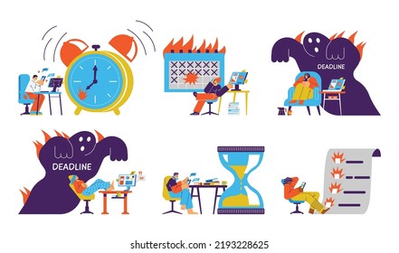 People procrastinating instead of working, set of lazy office workers - flat vector illustration on white. Time management and low efficiency in work. Deadline monster, clock and hour glasses.