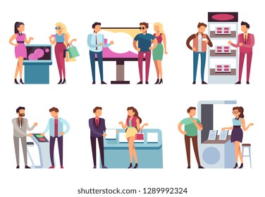 Gente y puesto de productos. Los promotores promocionan muestras de productos para hombres y mujeres con stands de promoción. Conjunto vectorial de exposición