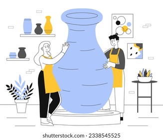 People with production ceramics line. Man and woman with crockery. Creativity and art. Young couple at studio with handmade dishware and jug, handicraft. Linear flat vector illustration