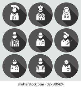People profession avatar icon set. Judge, artist, referee, doctor, teacher, sheriff, cook, builder, worker, policeman. Business symbols. White silhouette on round gray button with long shadow. Vector 