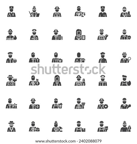 People profession avatar vector icons set, modern solid symbol collection, filled style pictogram pack. Signs, logo illustration. Set includes icons as engineer worker, teacher, doctor, policeman