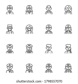 People profession avatars line icons set, outline vector symbol collection, linear style pictogram pack. Signs, logo illustration. Set includes icons as engineer worker, doctor, nurse, policeman