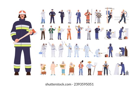 People profession big, set male and female workers cartoon character in uniform isolated on white