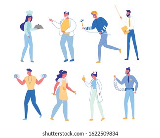People Profession Set Isolated on White Background. Chef Doctor in Uniform, Fireman in Helmet, Teacher with Pointer, Policeman, Sportsman with Dumbbells, Nurse, Barber Cartoon Flat Vector Illustration
