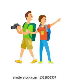 People with professional camera vector, man and woman spending day abroad sightseeing. Photographer with wife on vacation walking around calmly couple