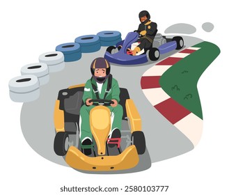 People professional kart racing participants cartoon character enjoying championship activity speed driving cart automobile on extreme road track vector illustration. Motorsport competition event