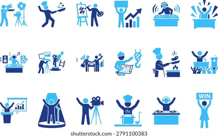 People in professional roles, creative pursuits and celebrations, diverse icons for careers and lifestyle.