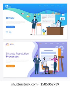 People professionals discussing marketing deals and rights resolution. Broker and arbitration, jurisprudence online, dispute resolution vector. Website or webpage template, landing page flat style