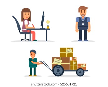 People, professionals, occupation. Vector illustration. Office worker, manager, delivery man. Set of icon