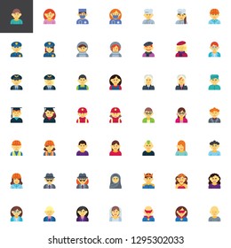 People professions avatar elements collection, flat icons set, Colorful symbols pack contains - Man doctor worker, Woman cook, police officer, artist, astronaut. Vector illustration. Flat style design