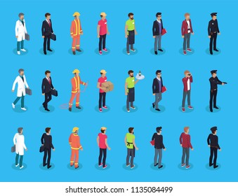 People professions characters isometric, vector men in varied clothing, doctor policeman and fireman, waiter and photographer, businessman and courier