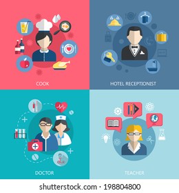 People professions concept flat icons set of cook doctor hotel receptionist and school teacher jobs for infographics design web elements vector illustration