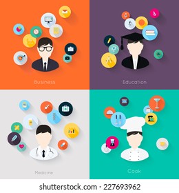 People professions concept flat icons set of cook doctor businessman and student jobs for infographics design web elements vector illustration