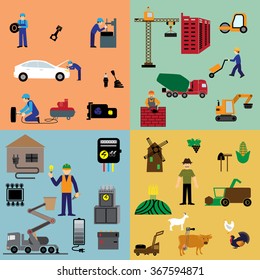 People professions concept flat icons set constructor man, machinery mechanic, farmer, electrician  man, web elements vector illustration.