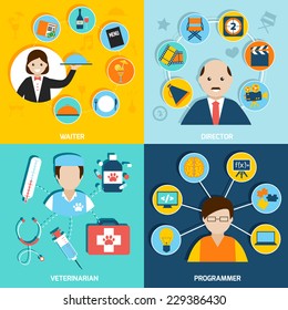 People professions flat icons set with waiter director veterinarian programmer isolated vector illustration