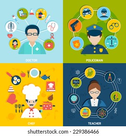 People professions flat icons set with doctor policeman chef teacher isolated vector illustration