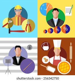 People professions flat icons set with conductor, confectioner, businessman, plumber
