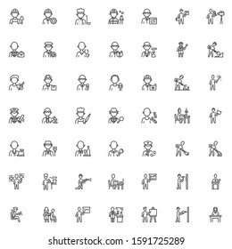 People Professions Line Icons Set. People Occupation Characters Linear Style Symbols Collection Outline Signs Pack. Vector Graphics. Set Includes Icons As Engineer Worker, Doctor, Teacher, Pilot, Chef