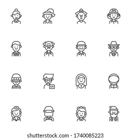 People professions line icons set, outline vector symbol collection, linear style pictogram pack. Signs, logo illustration. Set includes icons as teacher, clown, programmer, astronaut, firefighter