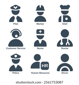 People Professions. Man User Person Icon Set. Driver, Student, Doctor, Pilot, Nurse, Police, Builder, Customer Service. stock illustration