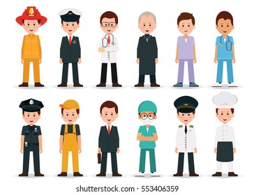 People professions and occupations icon set isolated on white background in flat design, cartoon character vector illustration.