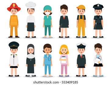 People professions and occupations icon set isolated on white background in flat design, cartoon character vector illustration.