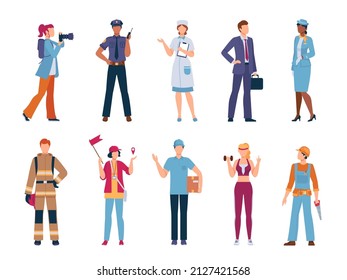 People professions and occupations, policeman, fireman, repair worker and doctor. Flat male and female character in job uniform vector set. Illustration of people occupation and profession job