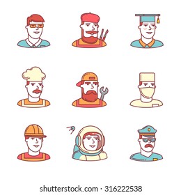 People professions paces icons thin line set. Hipster characters. Flat style color vector symbols isolated on white.