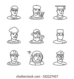 People professions paces icons thin line art set. Hipster characters. Black vector symbols isolated on white.