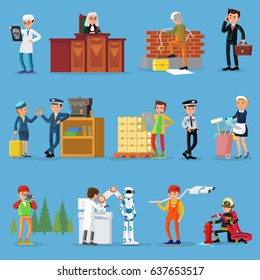 People professions set with doctor judge builder businessman pilot stewardess warehouse worker policeman maid photographer scientist mechanic firefighter isolated vector illustration
