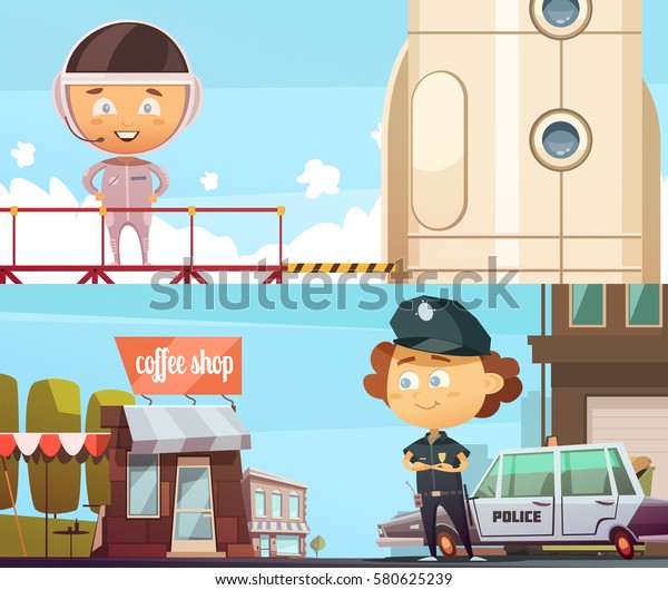 People professions two horizontal banner 
with cute cartoon kids in suits of policeman and astronaut flat
vector illustration