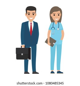 People professions vector characters. Businessman with briefcase and woman doctor with stethoscope cartoon characters isolated on white. Occupations flat illustration for labor day, job concepts