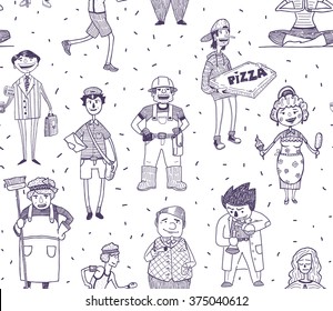People and professions vector drawn characters seamless pattern on white background