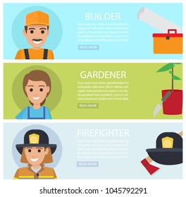 People professions web banners set. Builder, gardener and firefighter cartoon characters with instrument or implement flat vector. People occupations horizontal illustrations for job vacancy web page