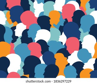 People profile heads. Seamless pattern of a crowd of many different people profile heads. Vector background.