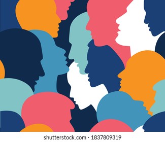 People profile heads. Seamless pattern of a crowd of many different people profile heads. Vector background.