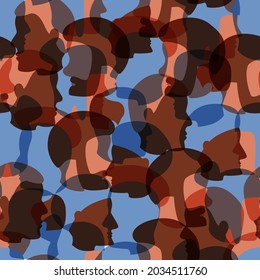 People profile heads silhouettes seamless pattern, crowd of many different flat people vector background