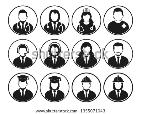 People profile icon set of different profession. Corporate man, Graduate Student, Customer Service,  Doctor, Nurse, Engineer etc.