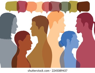 Las personas de perfil hablan entre ellas y los pueblos muestran diversidad. Compartir ideas en una burbuja de discursos. Diverso grupo de diálogo multicultural. Ilustración vectorial.
