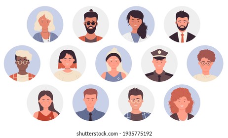 People profile user avatars of different professions vector illustration set. Cartoon man woman professional worker portraits collection, male and female faces circle avatars isolated on white