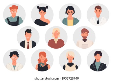 People profile user avatars of different professions vector illustration set. Cartoon man woman professional worker portraits collection, male and female faces circle avatars isolated on white