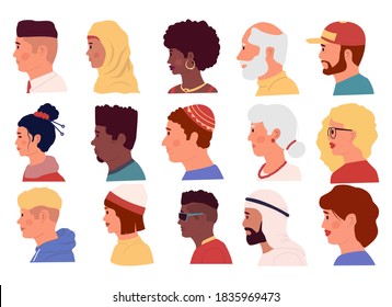 People profiles. Cartoon portraits of diverse people, young and old men and women of different nationalities. Cute human face sides, isolated avatars templates. Vector male and female heads flat set