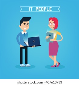 IT People. Programmer with Laptop. Woman with Tablet. Vector illustration