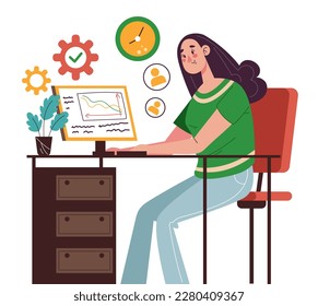 People programmer working in office at computer concept. Vector graphic design illustration