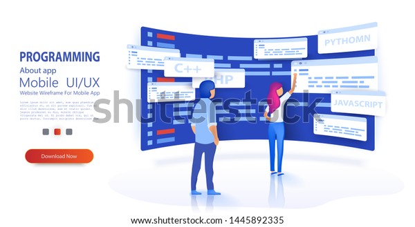 People programmers coding and correct errors\
in project. Dashboard screen with program code. Programmer at work\
concept banner. Can use for web banner Trendy flat style. Isometric\
vector illustration