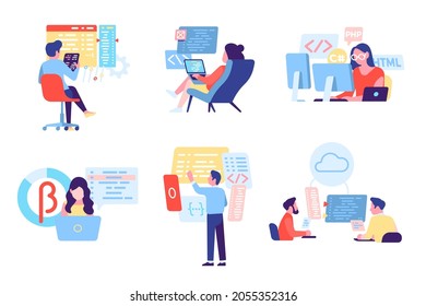 People programming software. Cartoon developers