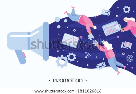 People promoting digital companies using a big loudspeaker and draw attention to business. The marketing team levitate in space and make public relations. Modern flat people vector illustration. Promo