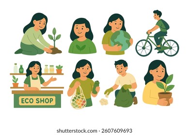 People promoting eco habits: planting trees, using reusable bags, riding bikes and recycling.